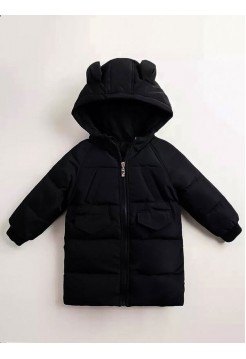 Подовжена чорна дитяча курточка з вушками